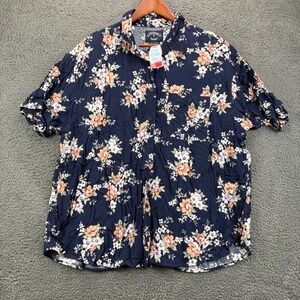 Solutions Original Womens 3X Navy Blue Floral Rayon Short Sleeve Button Up Shirt